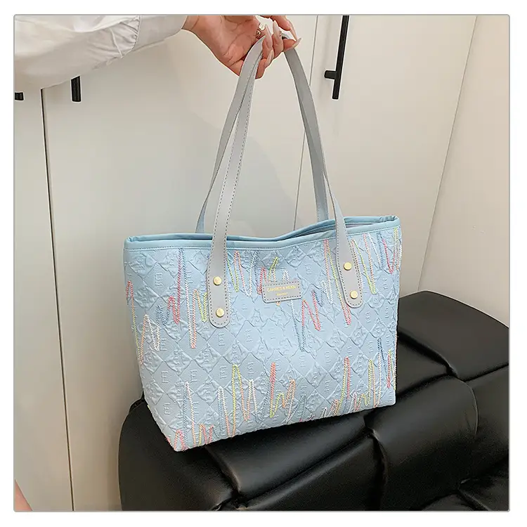 Women's Light Blue Embroidered Tote Bag Large Capacity — feature 16