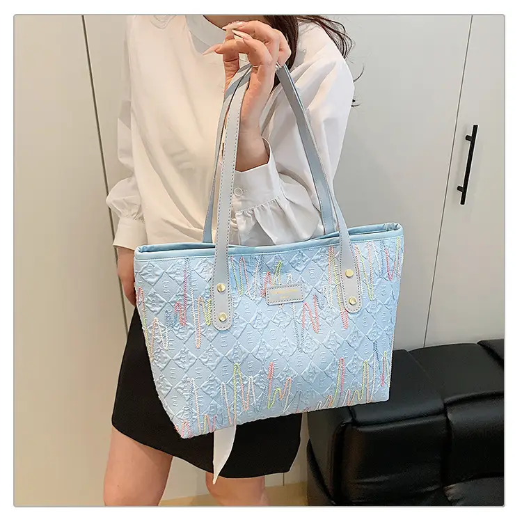 Women's Light Blue Embroidered Tote Bag Large Capacity — feature 17