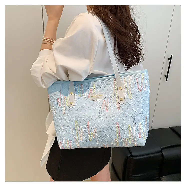 Women's Light Blue Embroidered Tote Bag Large Capacity — feature 18