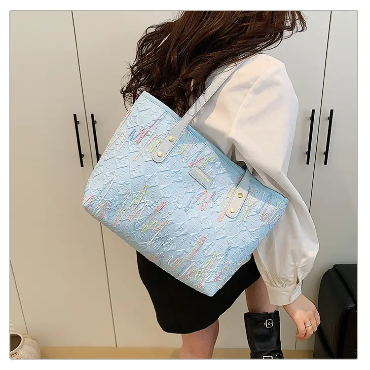 Women's Light Blue Embroidered Tote Bag Large Capacity — feature 22