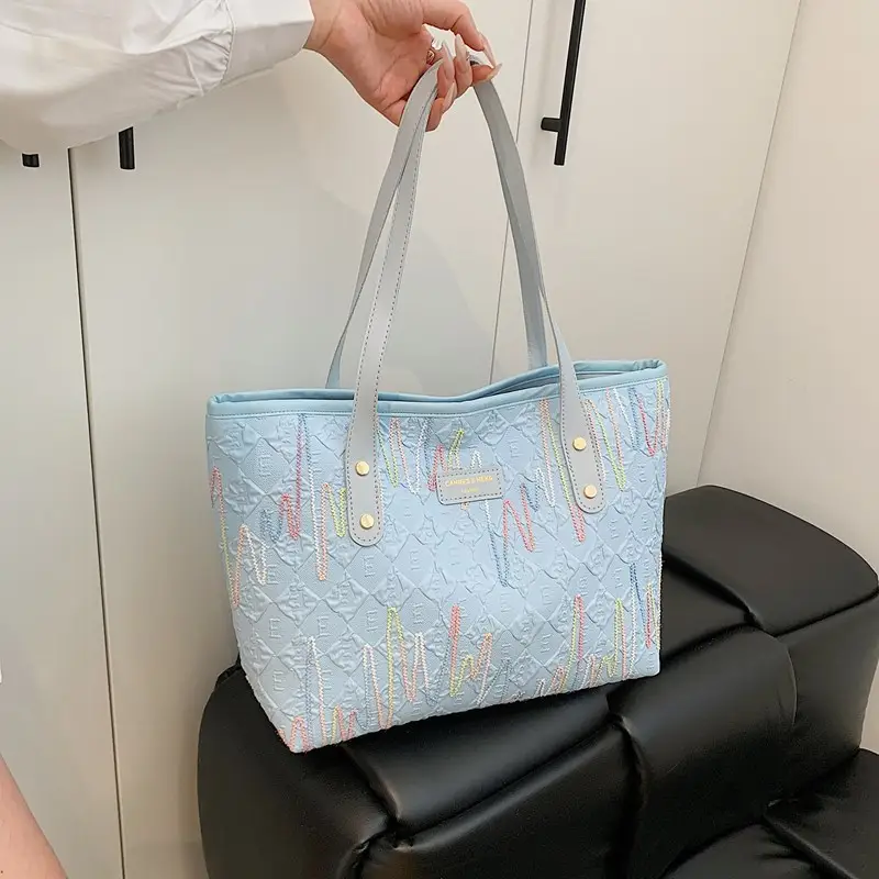 Women's Light Blue Embroidered Tote Bag Large Capacity - Image 3