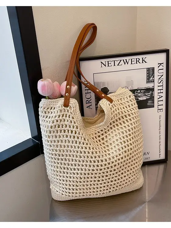 Women Cross Stitch Straw Woven Tote Bag Beige 2024 - Image 3