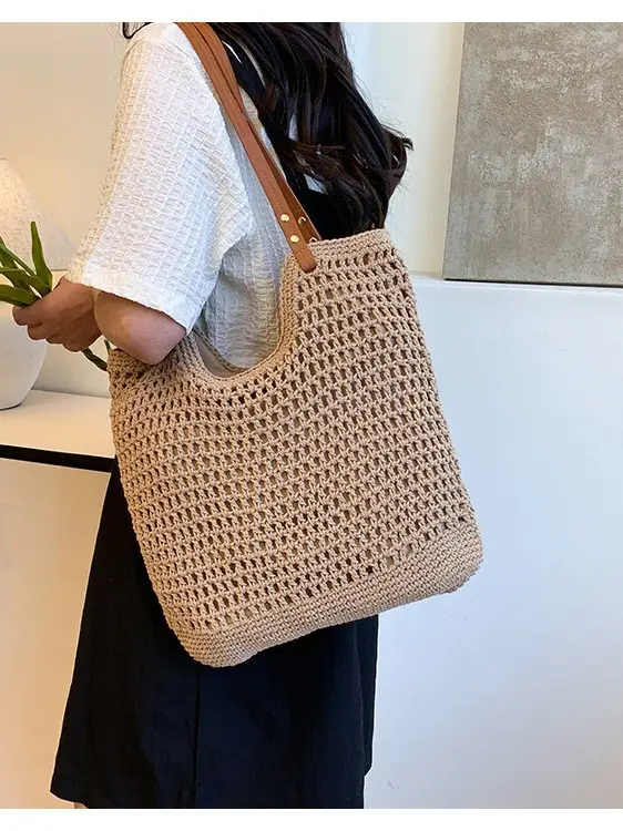 Women Cross Stitch Straw Woven Tote Bag Beige 2024 - Image 4