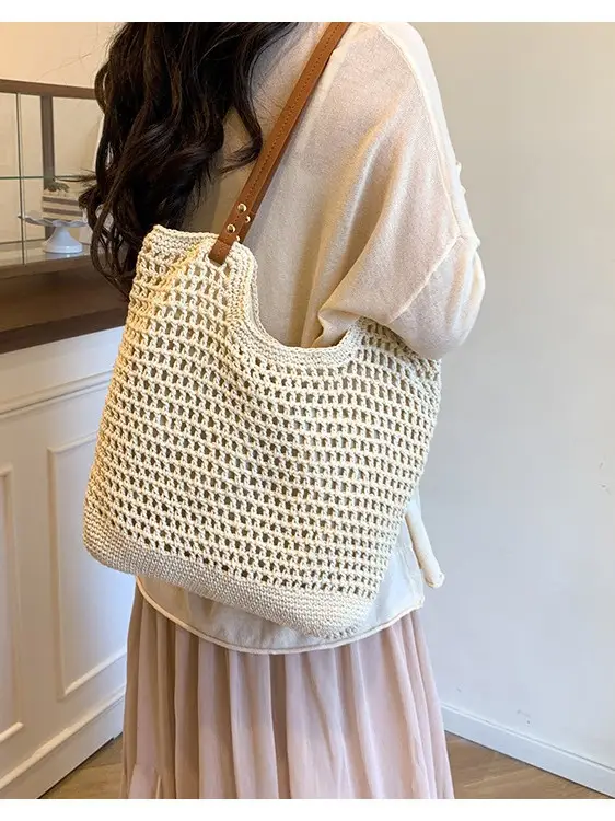 Women Cross Stitch Straw Woven Tote Bag Beige 2024 - Image 5