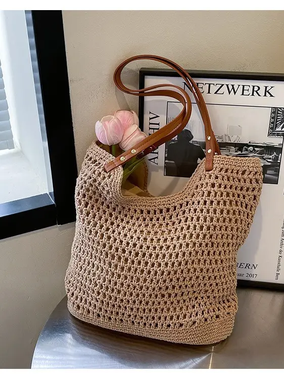 Women Cross Stitch Straw Woven Tote Bag Beige 2024 - Image 6