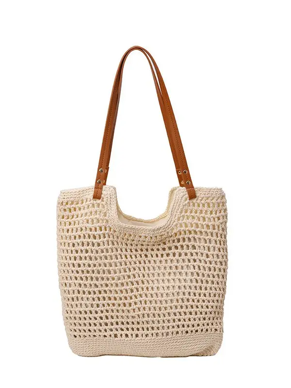 Women Cross Stitch Straw Woven Tote Bag Beige 2024 - Image 7