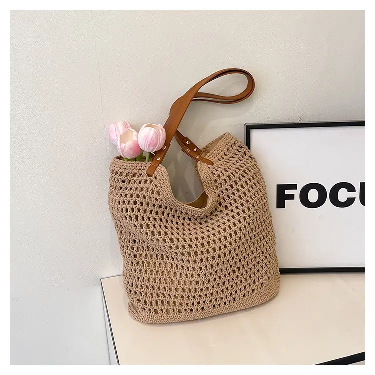 Women Cross Stitch Straw Woven Tote Bag Beige 2024 — feature 11