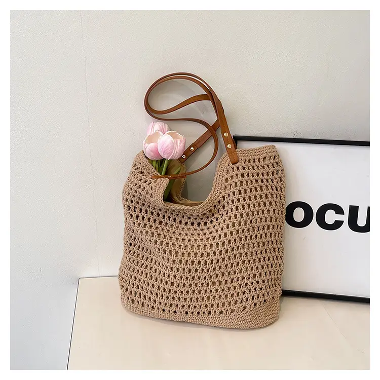 Women Cross Stitch Straw Woven Tote Bag Beige 2024 — feature 12