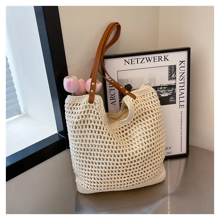 Women Cross Stitch Straw Woven Tote Bag Beige 2024 — feature 13