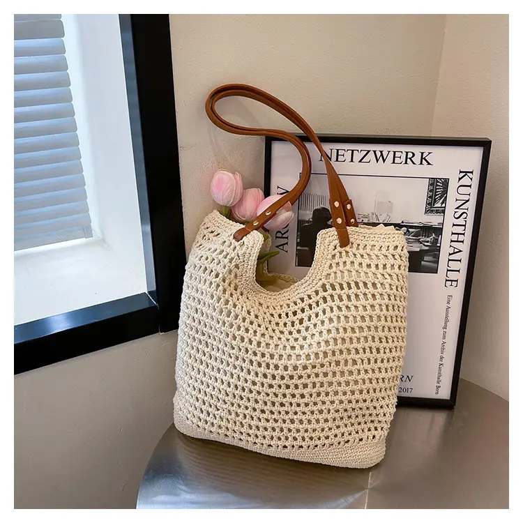 Women Cross Stitch Straw Woven Tote Bag Beige 2024 — feature 14