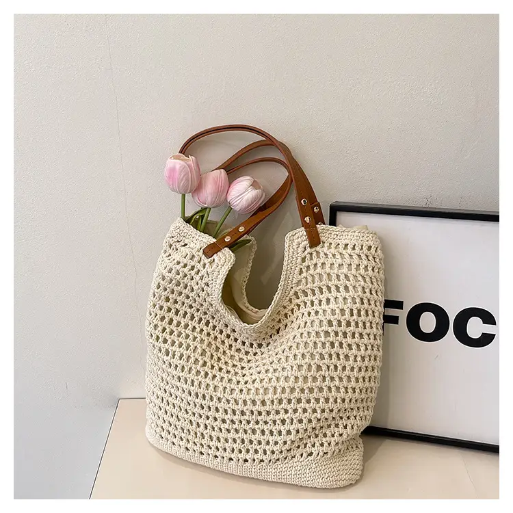 Women Cross Stitch Straw Woven Tote Bag Beige 2024 — feature 16