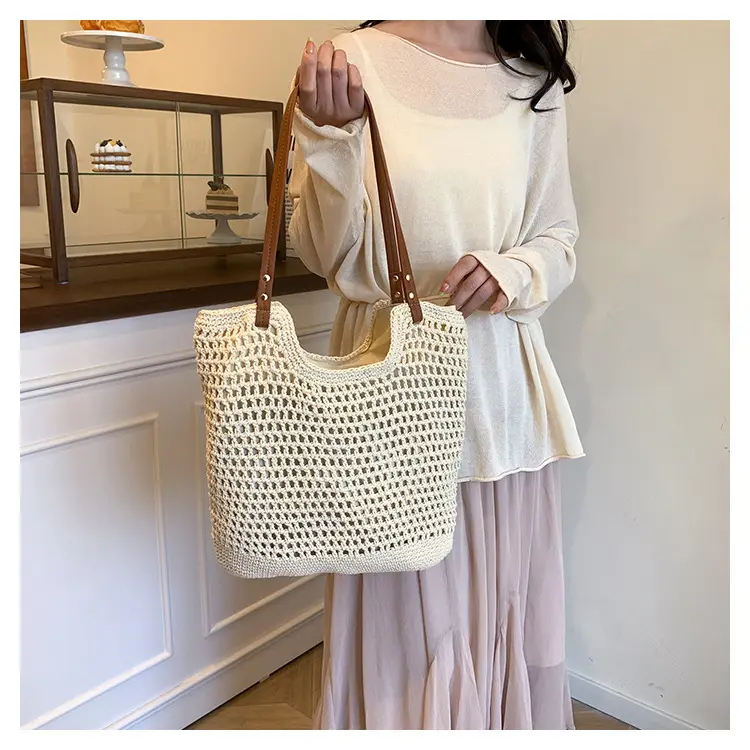 Women Cross Stitch Straw Woven Tote Bag Beige 2024 — feature 20