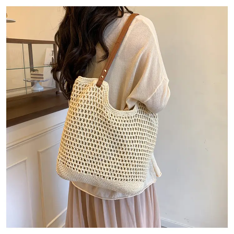 Women Cross Stitch Straw Woven Tote Bag Beige 2024 — feature 21
