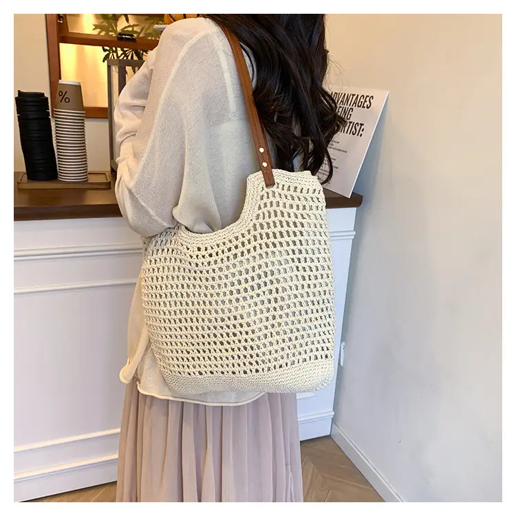 Women Cross Stitch Straw Woven Tote Bag Beige 2024 — feature 22