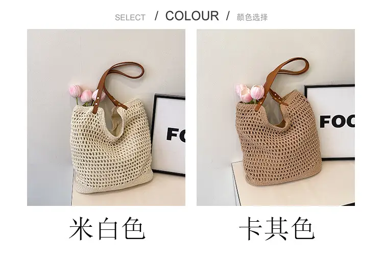 Women Cross Stitch Straw Woven Tote Bag Beige 2024 — feature 4