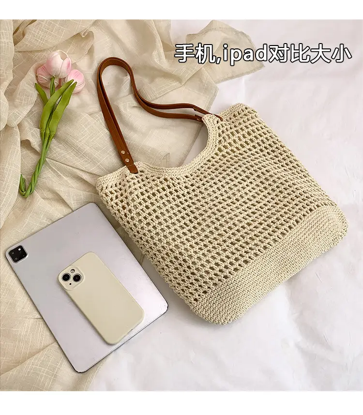 Women Cross Stitch Straw Woven Tote Bag Beige 2024 — feature 6