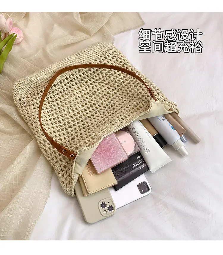 Women Cross Stitch Straw Woven Tote Bag Beige 2024 — feature 7