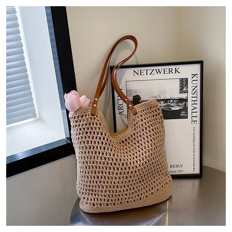 Women Cross Stitch Straw Woven Tote Bag Beige 2024 — feature 9