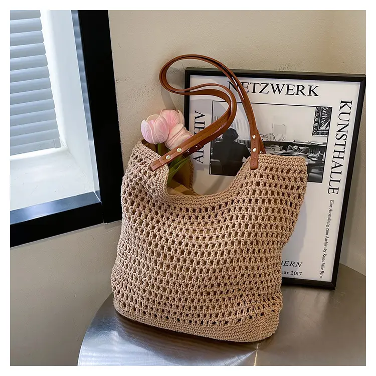 Women Cross Stitch Straw Woven Tote Bag Beige 2024 - Image 2