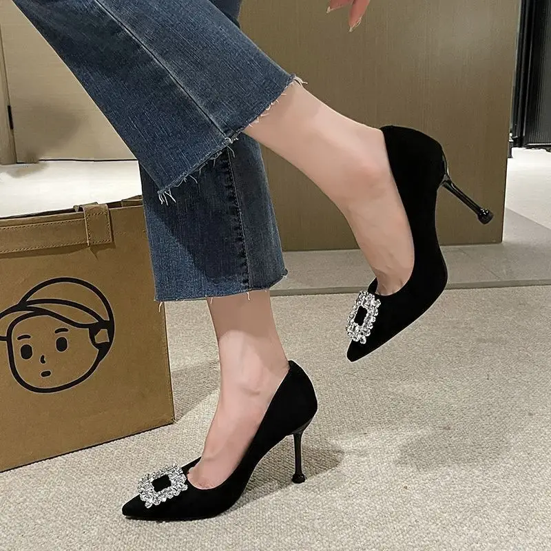 2026 Spring and Autumn New Style Socialite Sexy Pointed Toe Square Buckle Rhinestone French Black High Heels Women's Stiletto Work Shoes - Image 4