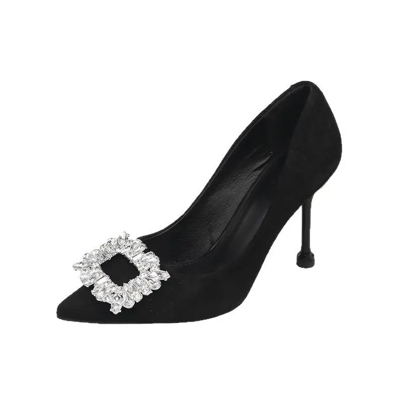 2026 Spring and Autumn New Style Socialite Sexy Pointed Toe Square Buckle Rhinestone French Black High Heels Women's Stiletto Work Shoes - Image 5