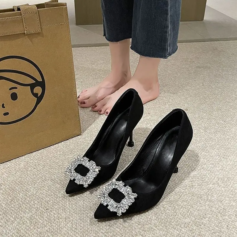 2026 Spring and Autumn New Style Socialite Sexy Pointed Toe Square Buckle Rhinestone French Black High Heels Women's Stiletto Work Shoes — feature 1