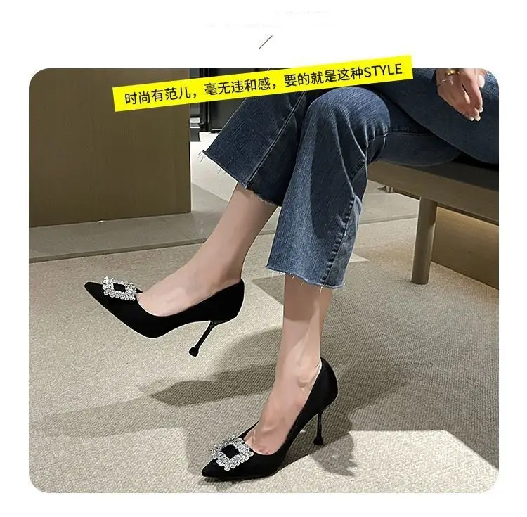 2026 Spring and Autumn New Style Socialite Sexy Pointed Toe Square Buckle Rhinestone French Black High Heels Women's Stiletto Work Shoes — feature 2