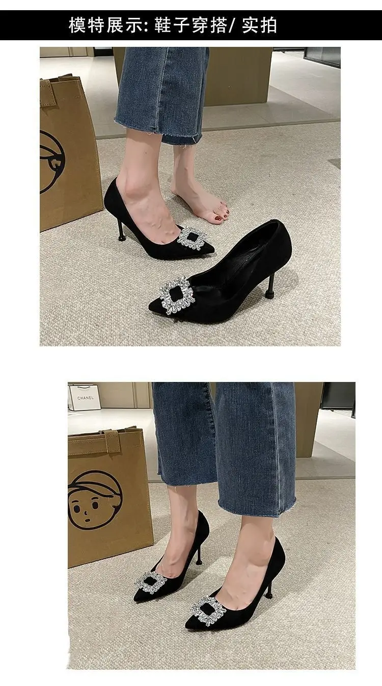 2026 Spring and Autumn New Style Socialite Sexy Pointed Toe Square Buckle Rhinestone French Black High Heels Women's Stiletto Work Shoes — feature 7