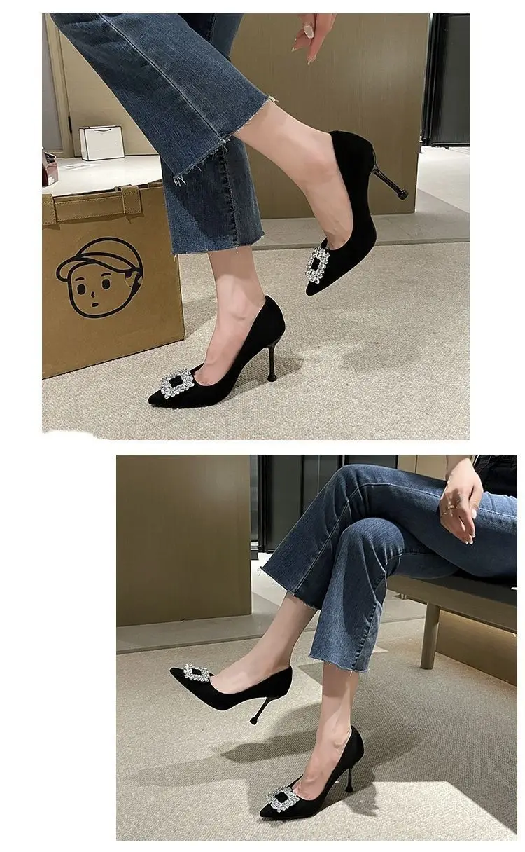 2026 Spring and Autumn New Style Socialite Sexy Pointed Toe Square Buckle Rhinestone French Black High Heels Women's Stiletto Work Shoes — feature 8