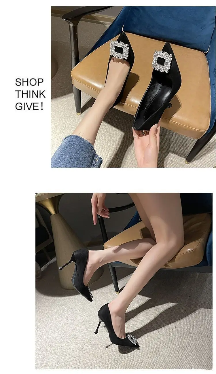 2026 Spring and Autumn New Style Socialite Sexy Pointed Toe Square Buckle Rhinestone French Black High Heels Women's Stiletto Work Shoes — feature 9
