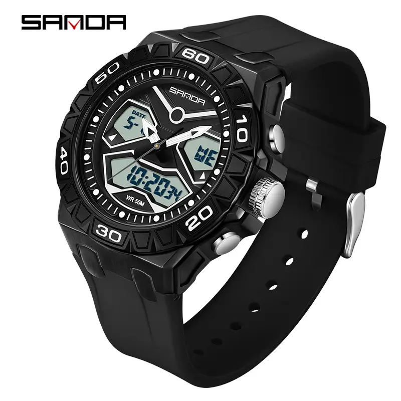 Men's Black LCD Dual Display Waterproof Watch - Image 2