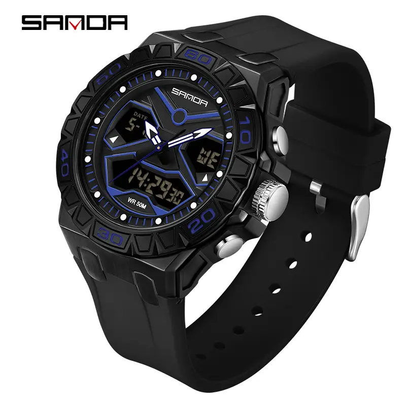 Men's Black LCD Dual Display Waterproof Watch - Image 3