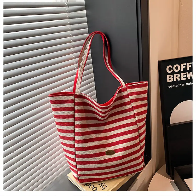 Striped Canvas Tote Bag Large Capacity Navy White - Image 6