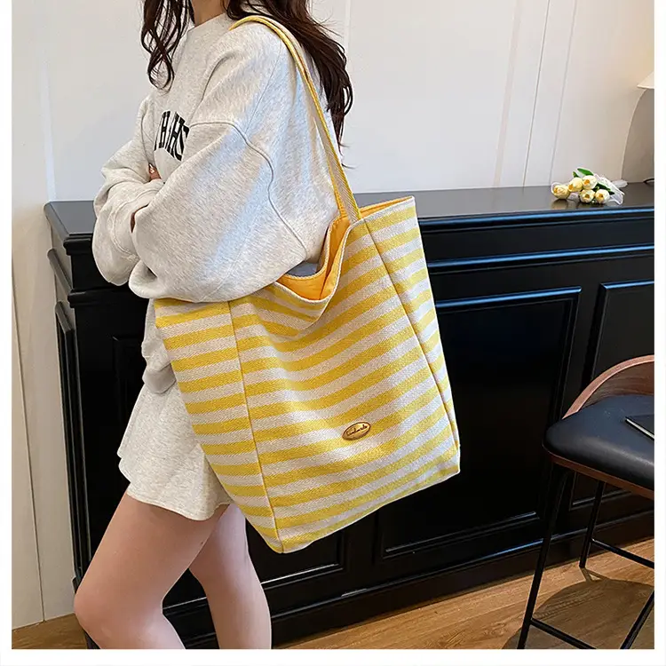 Striped Canvas Tote Bag Large Capacity Navy White - Image 7
