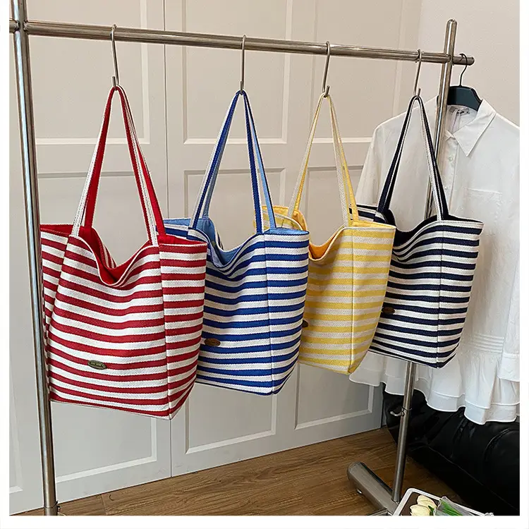 Striped Canvas Tote Bag Large Capacity Navy White - Image 8