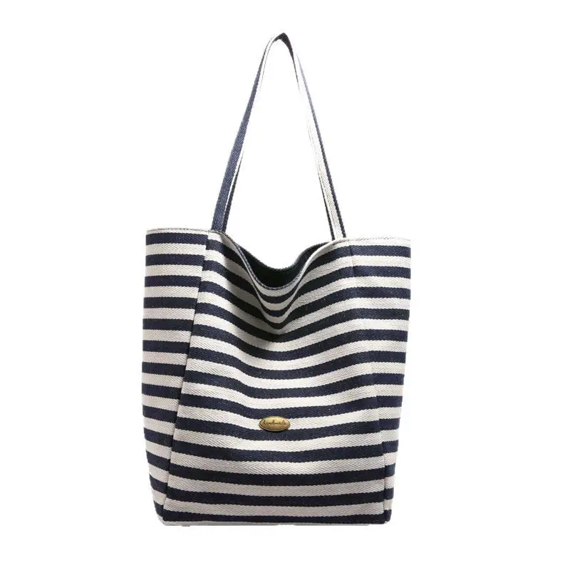 Striped Canvas Tote Bag Large Capacity Navy White - Image 9