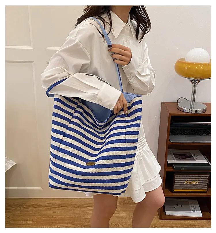 Striped Canvas Tote Bag Large Capacity Navy White — feature 1