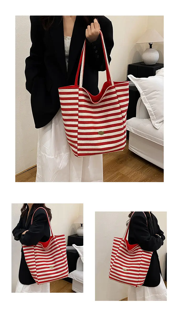 Striped Canvas Tote Bag Large Capacity Navy White — feature 10