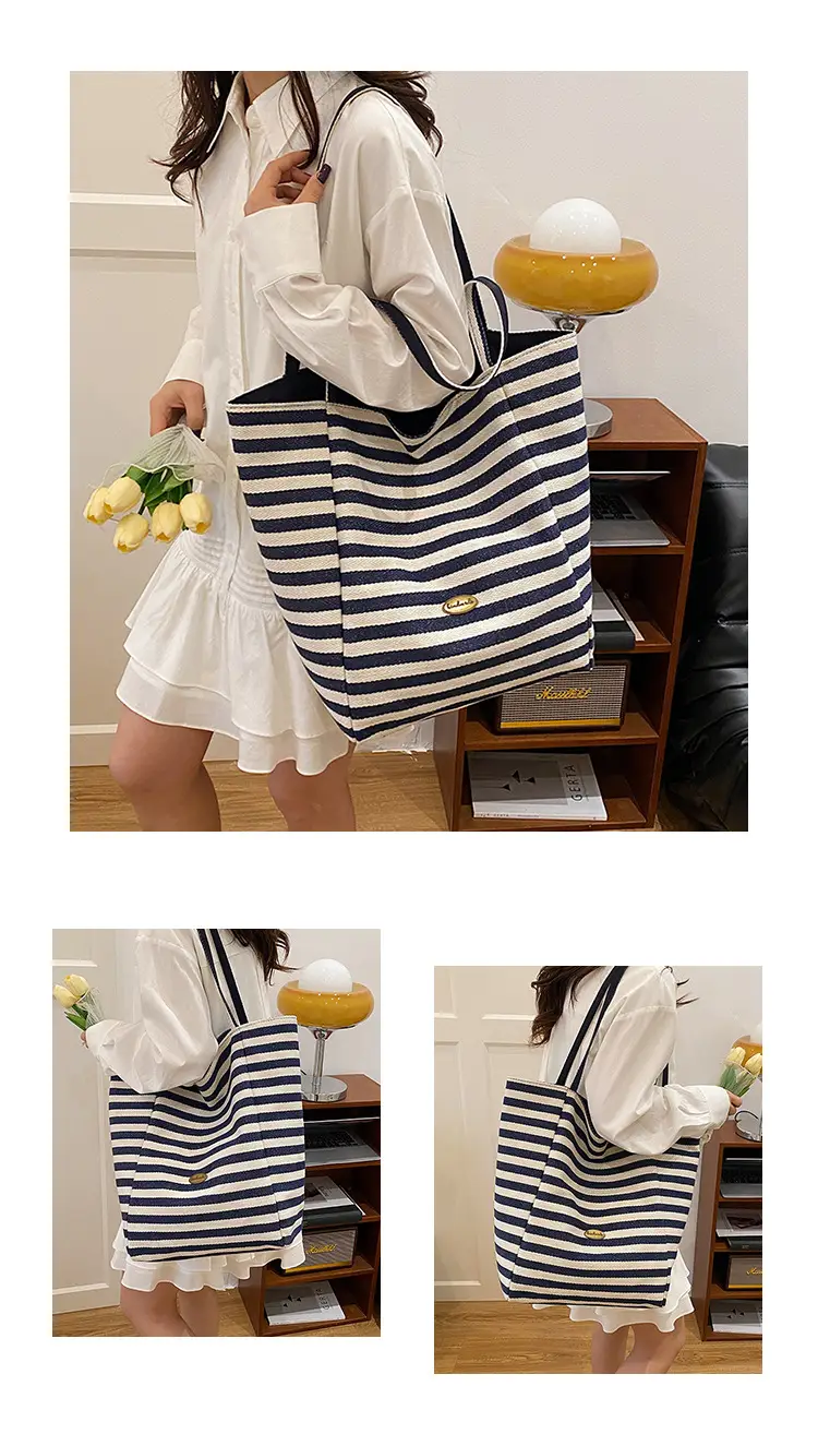 Striped Canvas Tote Bag Large Capacity Navy White — feature 11