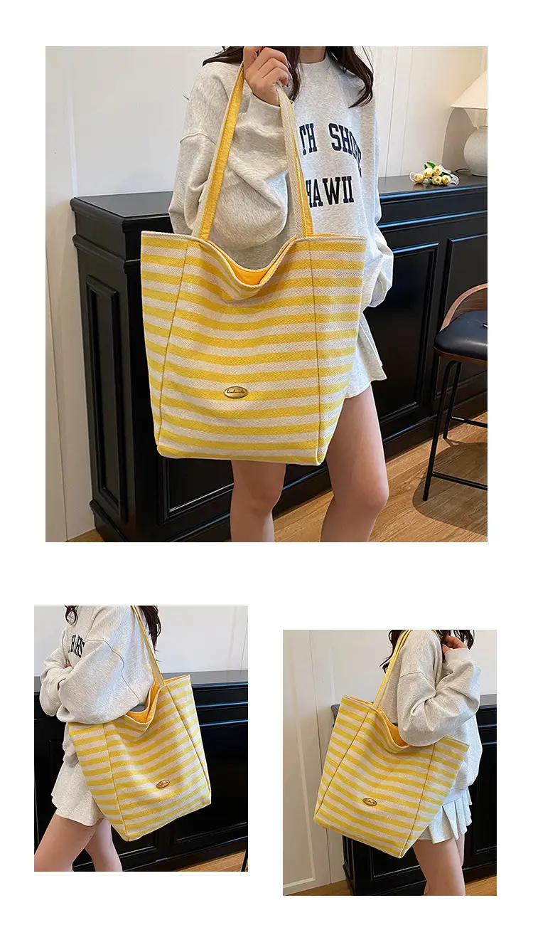 Striped Canvas Tote Bag Large Capacity Navy White — feature 12