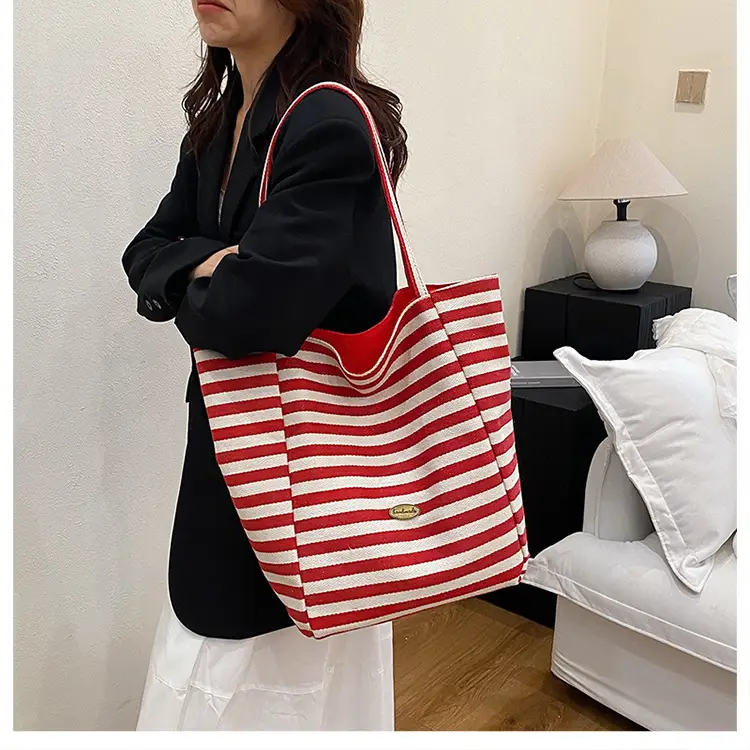 Striped Canvas Tote Bag Large Capacity Navy White — feature 13