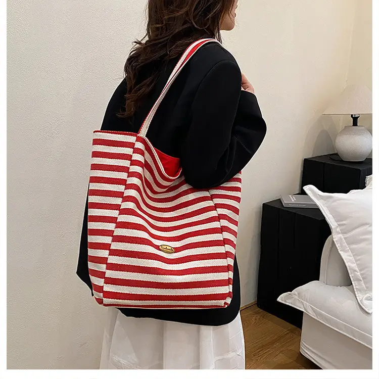 Striped Canvas Tote Bag Large Capacity Navy White — feature 14
