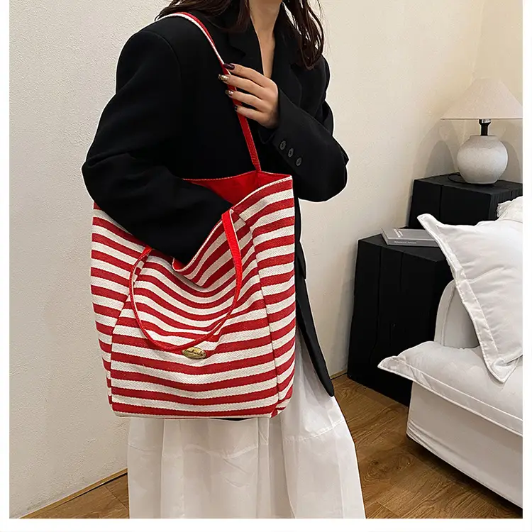 Striped Canvas Tote Bag Large Capacity Navy White — feature 15