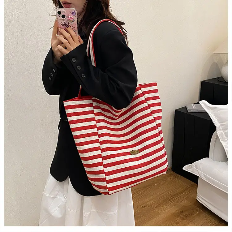 Striped Canvas Tote Bag Large Capacity Navy White — feature 16