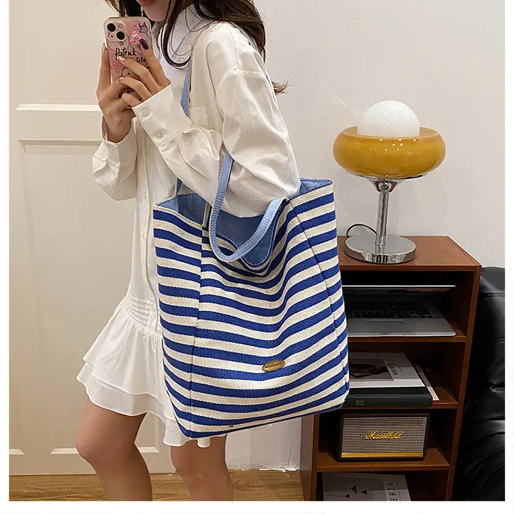Striped Canvas Tote Bag Large Capacity Navy White — feature 20