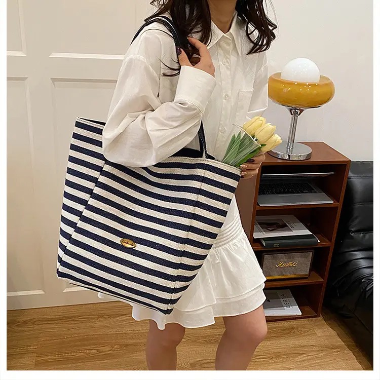 Striped Canvas Tote Bag Large Capacity Navy White — feature 22