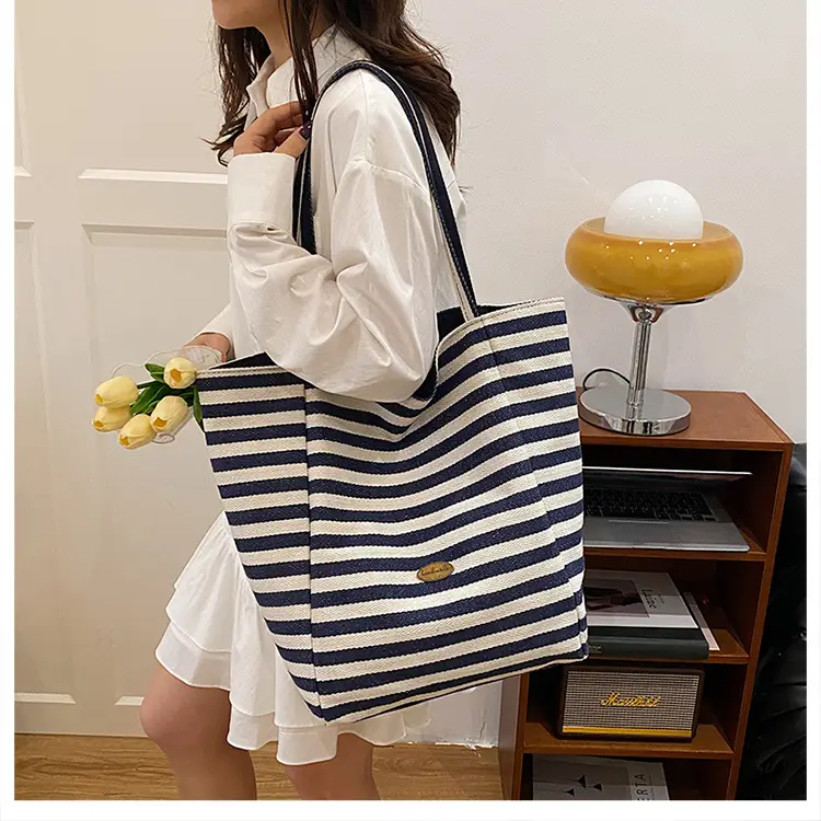Striped Canvas Tote Bag Large Capacity Navy White — feature 23