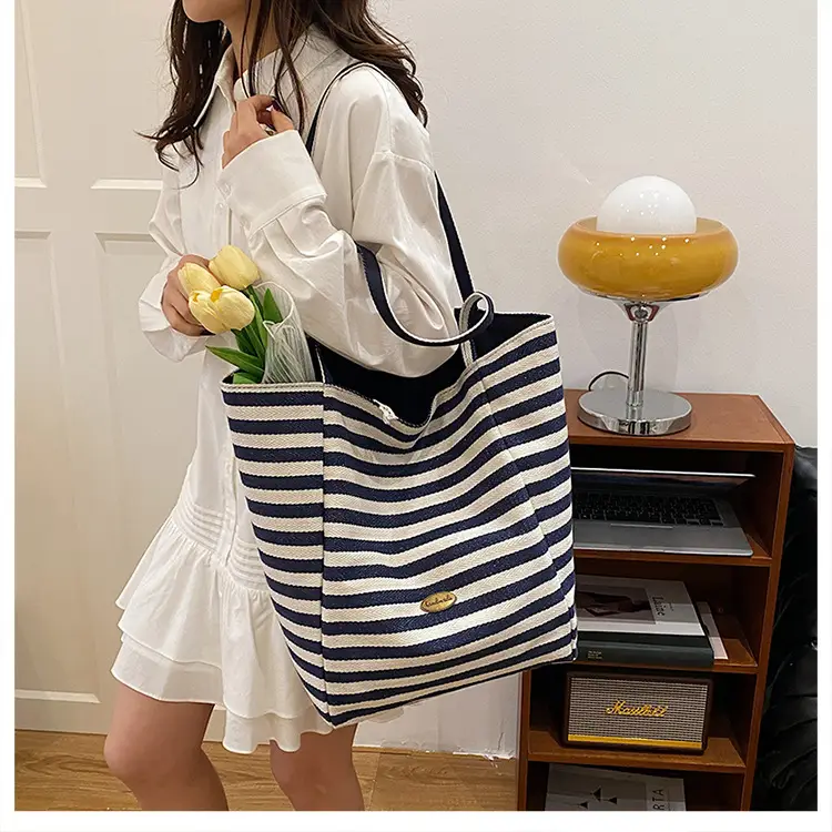 Striped Canvas Tote Bag Large Capacity Navy White — feature 24