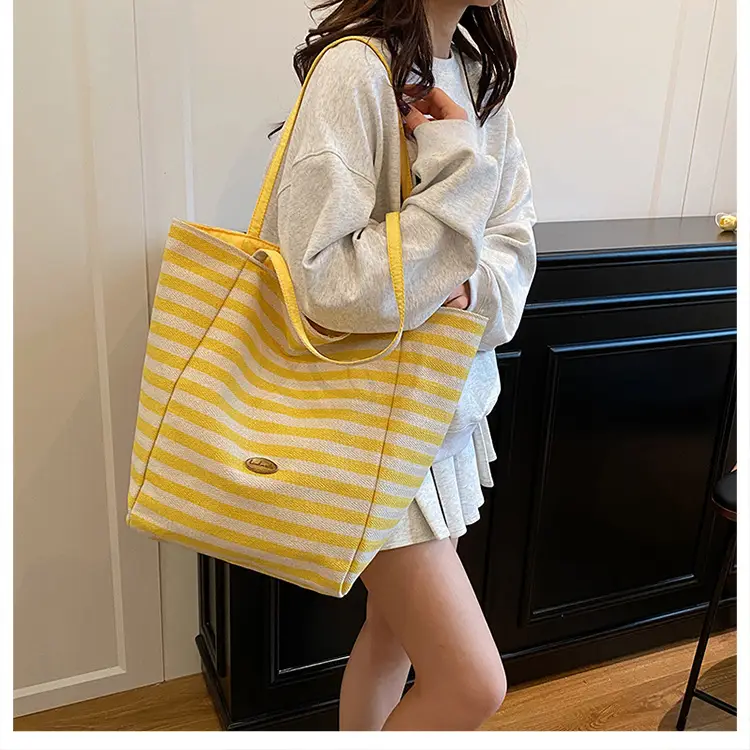 Striped Canvas Tote Bag Large Capacity Navy White — feature 25