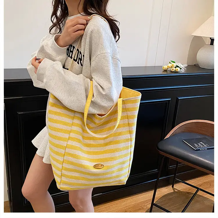 Striped Canvas Tote Bag Large Capacity Navy White — feature 28